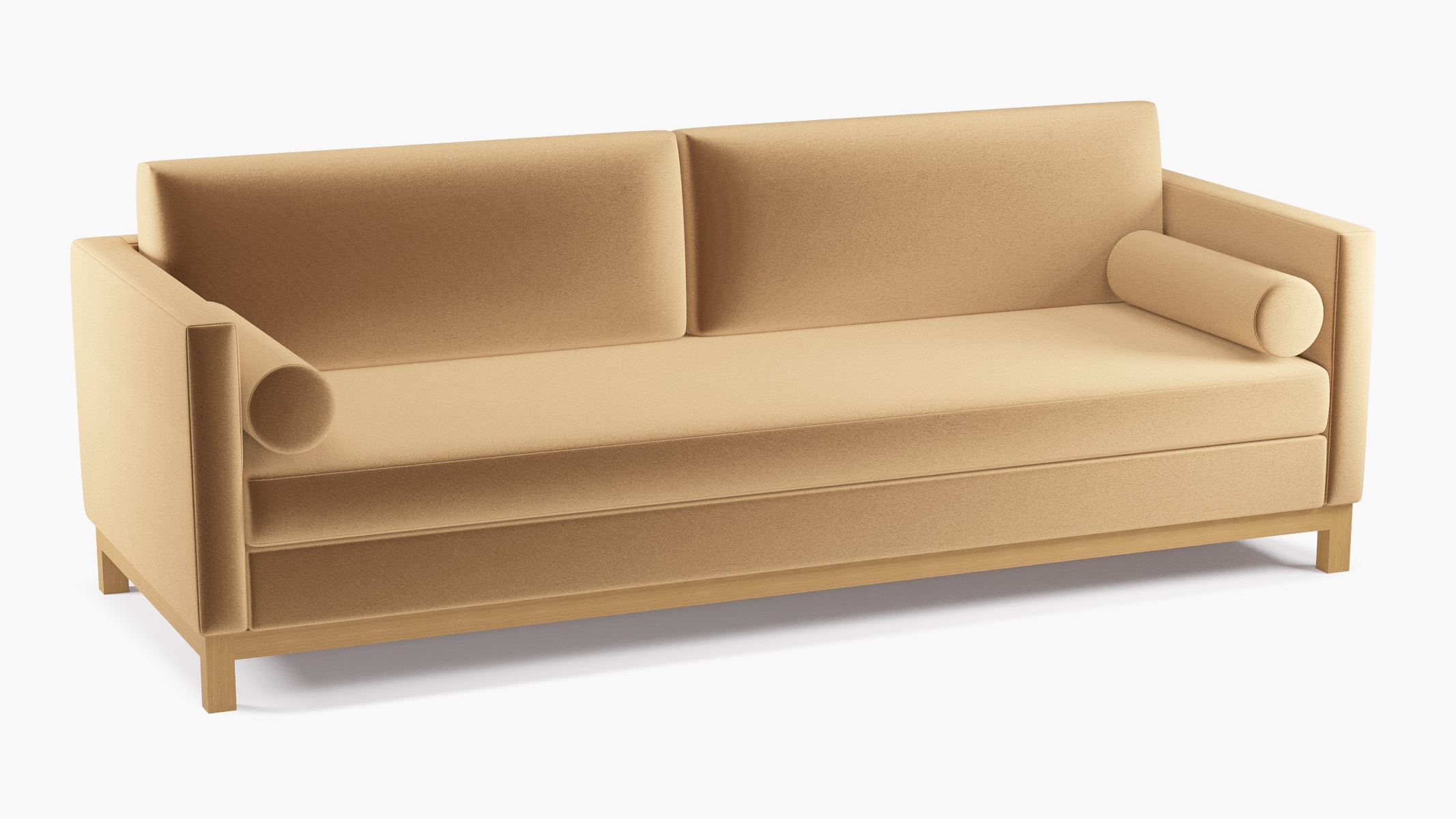 Tailored Tuxedo Sofa, Fawn Performance Velvet, Natural Wood Rail - Image 1