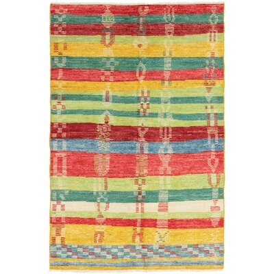 One-of-a-Kind Céline Hand-Knotted 2010s Shalimar Green/Red/Yellow 5'1" x 7'10" Wool Area Rug - Image 0