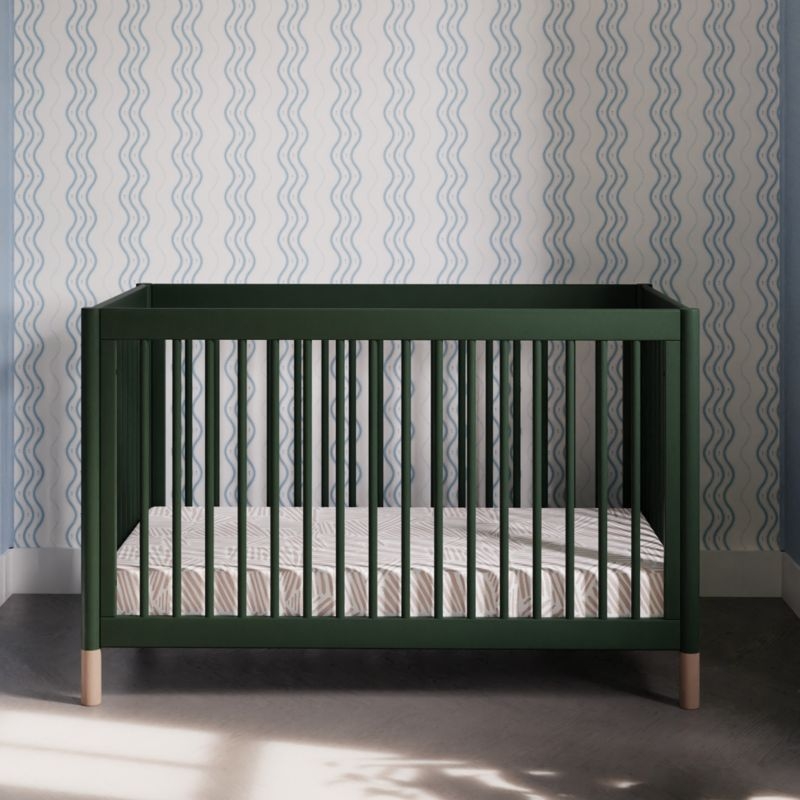 Babyletto Gelato Forest Green Natural Wood & Vegan Tan Leather 4-in-1 Convertible Baby Crib with Toddler Bed Conversion Kit - Image 1
