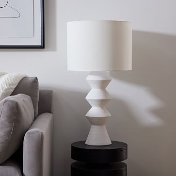 Diego Olivero Ceramic Shapes Table Lamp, 27", 11" Shade, White/White Linen, S/2 - Image 3