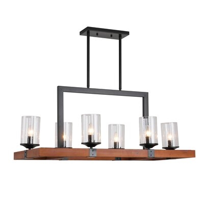 6 - Light Kitchen Island Rectangle Wood Accents Chandelier With Square Blown Glass Shade - Image 0