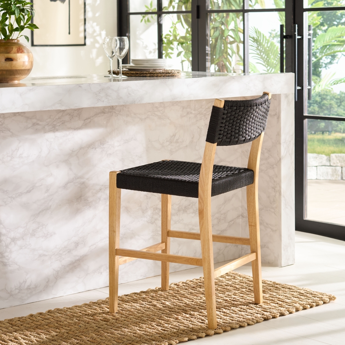 Dutton Woven Counter Stool - Black / Natural - Safavieh - Image 1