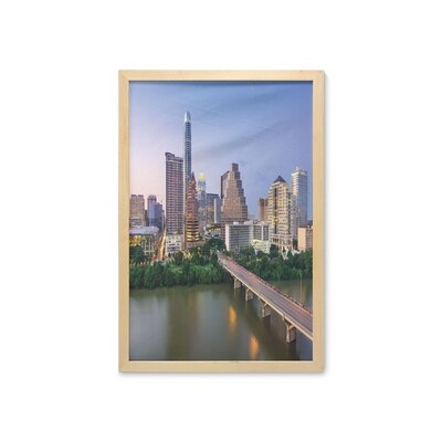 Ambesonne Modern Wall Art With Frame, Austin Texas American City Bridge Over The Lake Skyscrapers USA Downtown Picture, Printed Fabric Poster For Bathroom Living Room Dorms, 23" X 35", Multicolor - Image 0