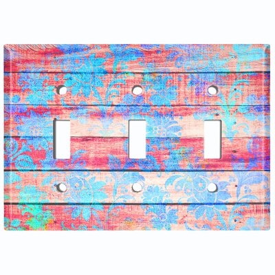 Metal Light Switch Plate Outlet Cover (Red Fence Blue Damask Flower - Triple Toggle) - Image 0