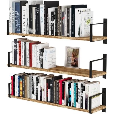 Floating Shelves For Wall Storage, Floating Bookshelf Set Of 3, 24"X6" Rustic Wall Shelves For Living Room, Bedroom, Kitchen, Bathroom Storage, Burned Finish - Image 0