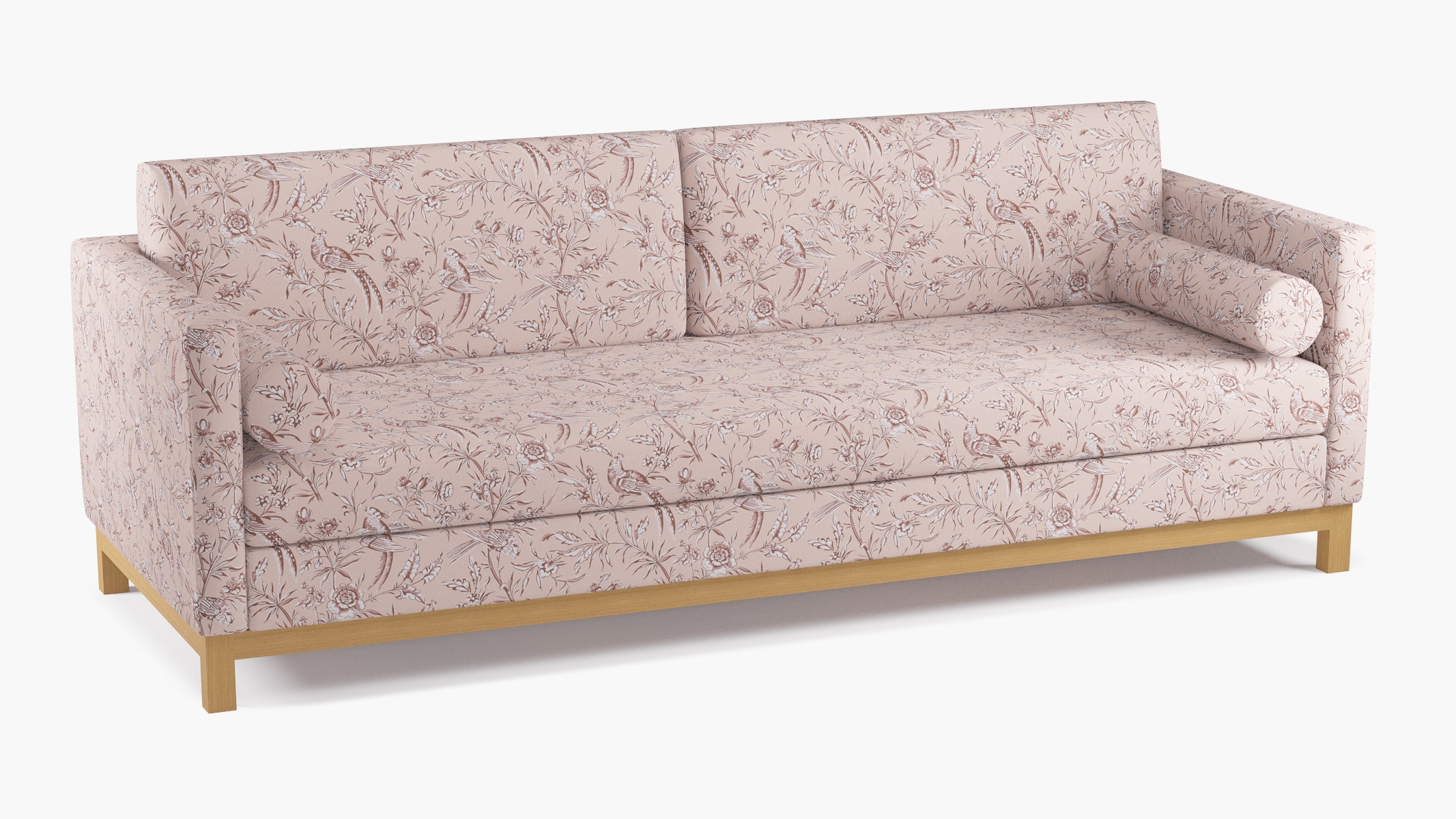 Tailored Tuxedo Sofa, Blush Aviary, Natural Wood Rail - Image 1
