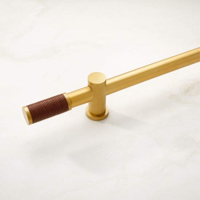 Silvio Brushed Brass Curtain Rod with Congnac Leather Finial 48''x88'' - Image 0