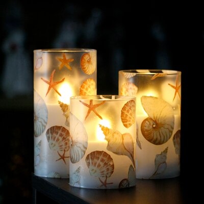 Battery Operated Flickering Led Flameless Candles With Timer And Romote, Set Of 3, Glass Effect Ocean Themed Flameless Candles With Starfish And Shell Decals For Home, Party Décor - Image 0
