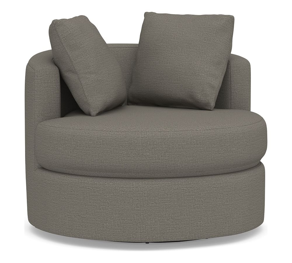 Balboa Upholstered Swivel Armchair, Polyester Wrapped Cushions, Chunky Basketweave Metal - Image 0