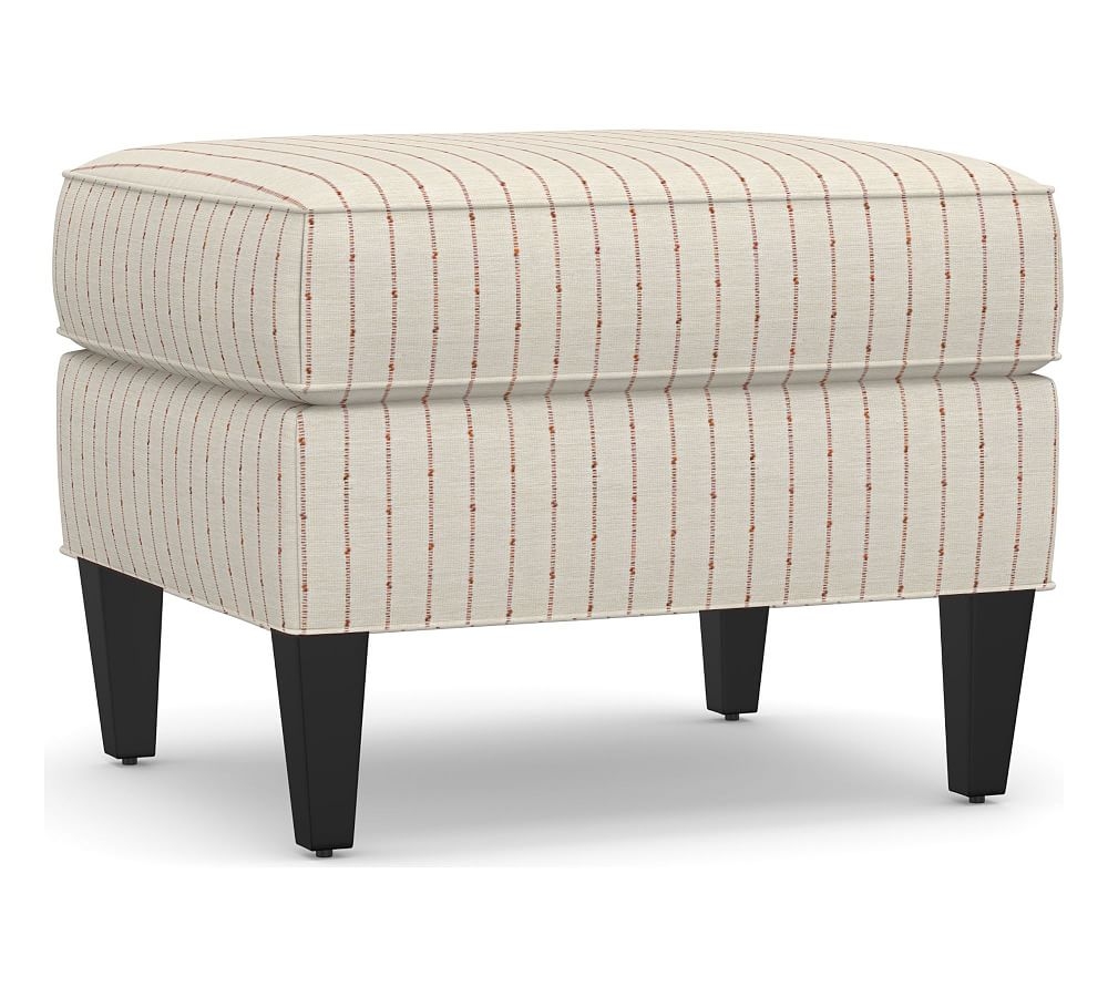 Beverly Upholstered Ottoman, Polyester Wrapped Cushions, Slubby Pinstripe Red - Image 0