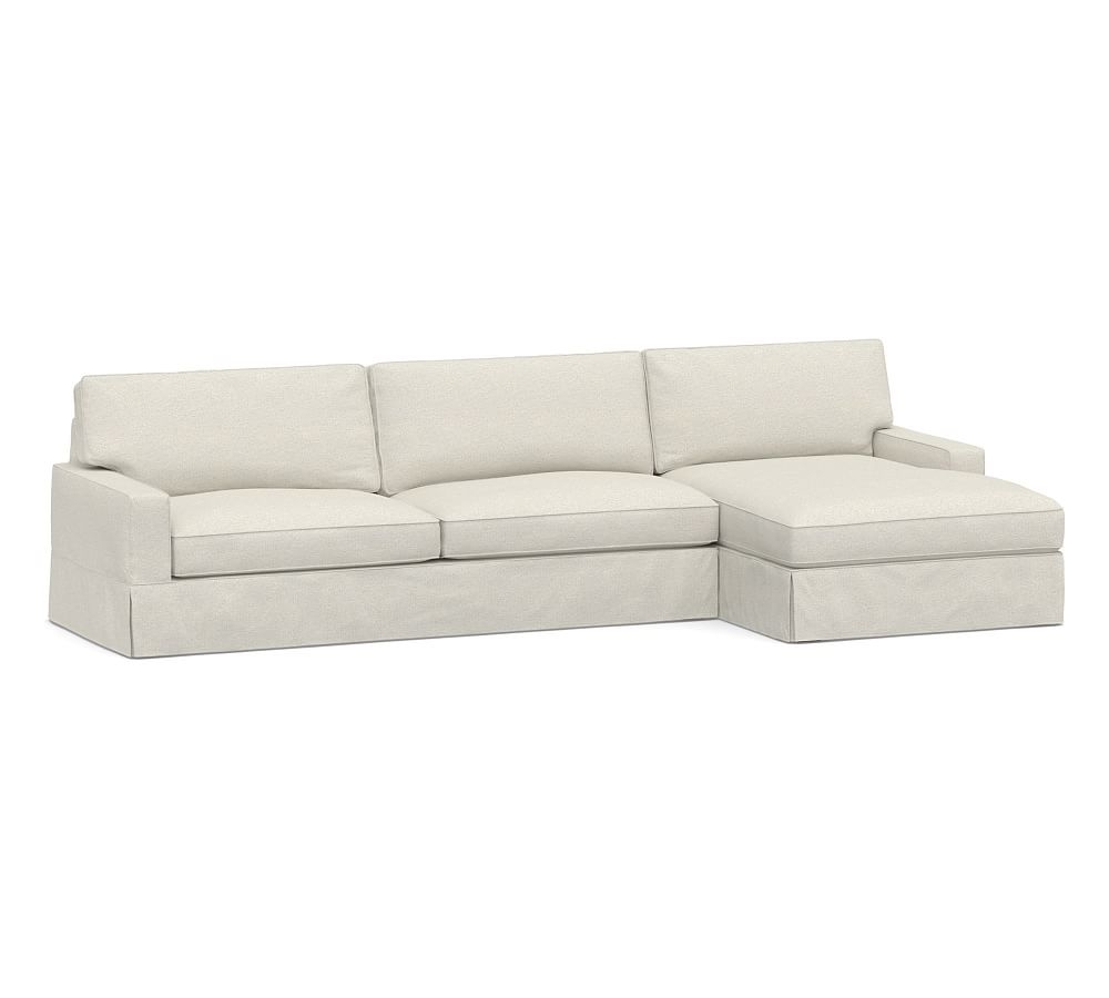 PB Comfort Square Arm Slipcovered Left Arm Sofa with Wide Chaise Sectional, Box Edge, Down Blend Wrapped Cushions, Performance Boucle Oatmeal - Image 0