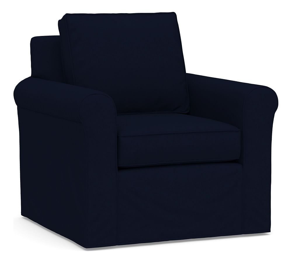 Cameron Roll Arm Slipcovered Swivel Armchair, Polyester Wrapped Cushions, Performance Everydaylinen(TM) Navy - Image 0