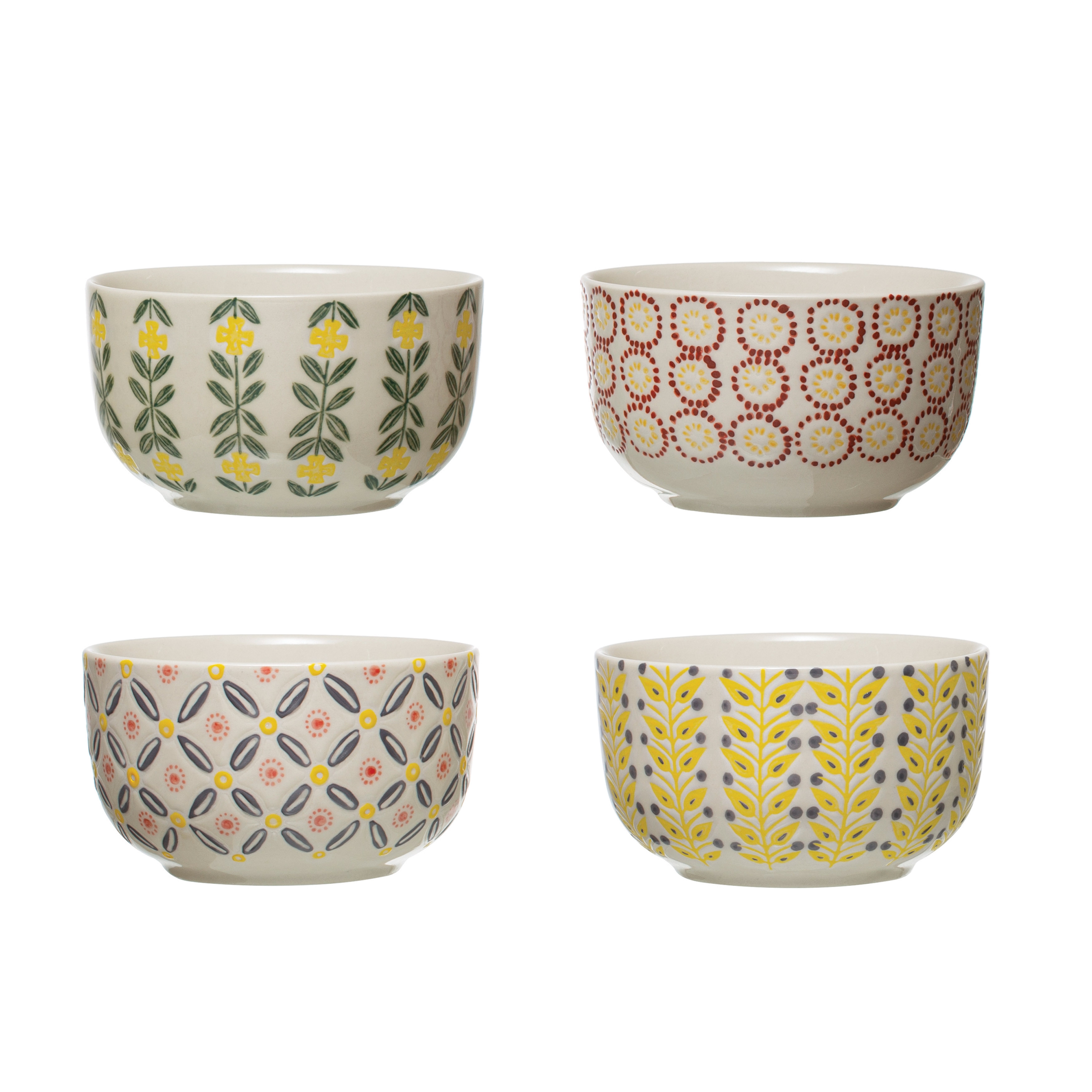 Hand-Stamped Stoneware Bowls with Floral Patterns, Set of 4 Styles - Image 0