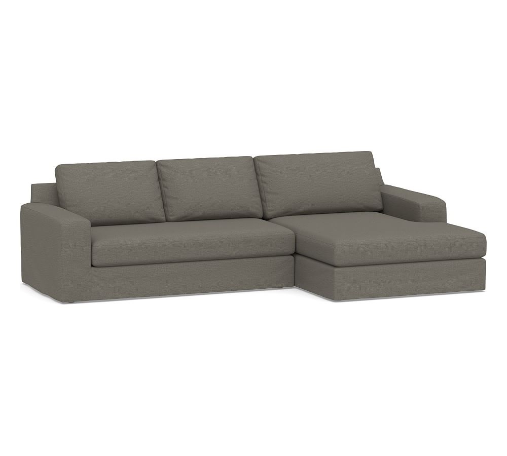 Big Sur Square Arm Slipcovered Left Arm Loveseat with Double Chaise Sectional and Bench Cushion, Down Blend Wrapped Cushions, Chunky Basketweave Metal - Image 0