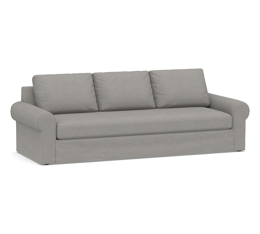 Big Sur Roll Arm Slipcovered Grand Sofa 106" with Bench Cushion, Down Blend Wrapped Cushions, Performance Heathered Basketweave Platinum - Image 0