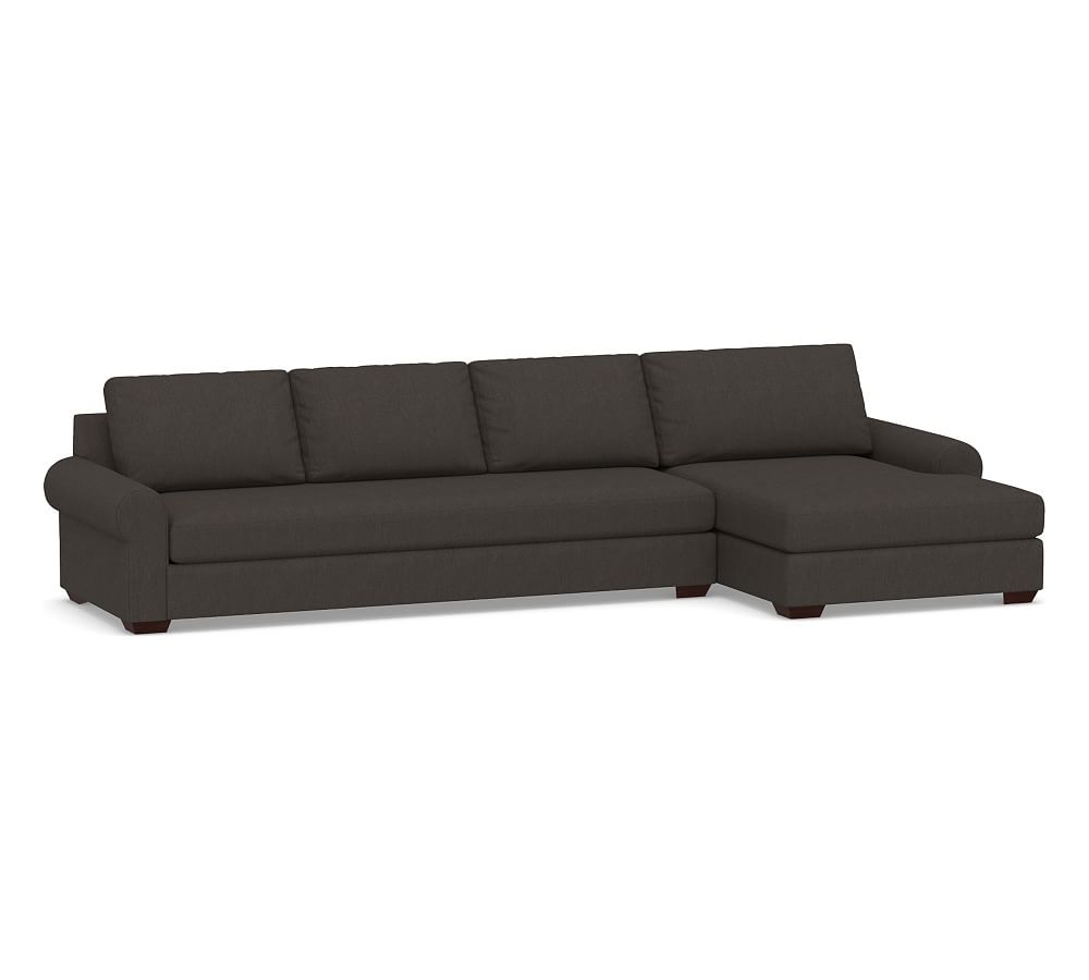 Big Sur Roll Arm Upholstered Left Arm Grand Sofa with Double Chaise Sectional and Bench Cushion, Down Blend Wrapped Cushions, Textured Twill Charcoal - Image 0