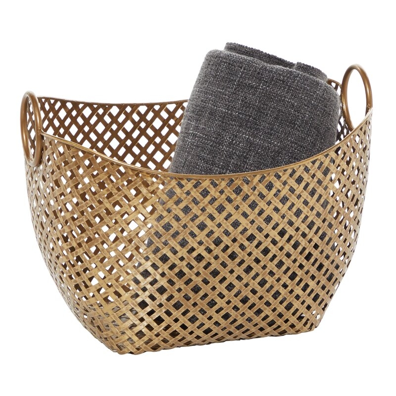 Gold Metal Woven Inspired Storage Basket with Handles 17" x 13" x 11" - Image 0