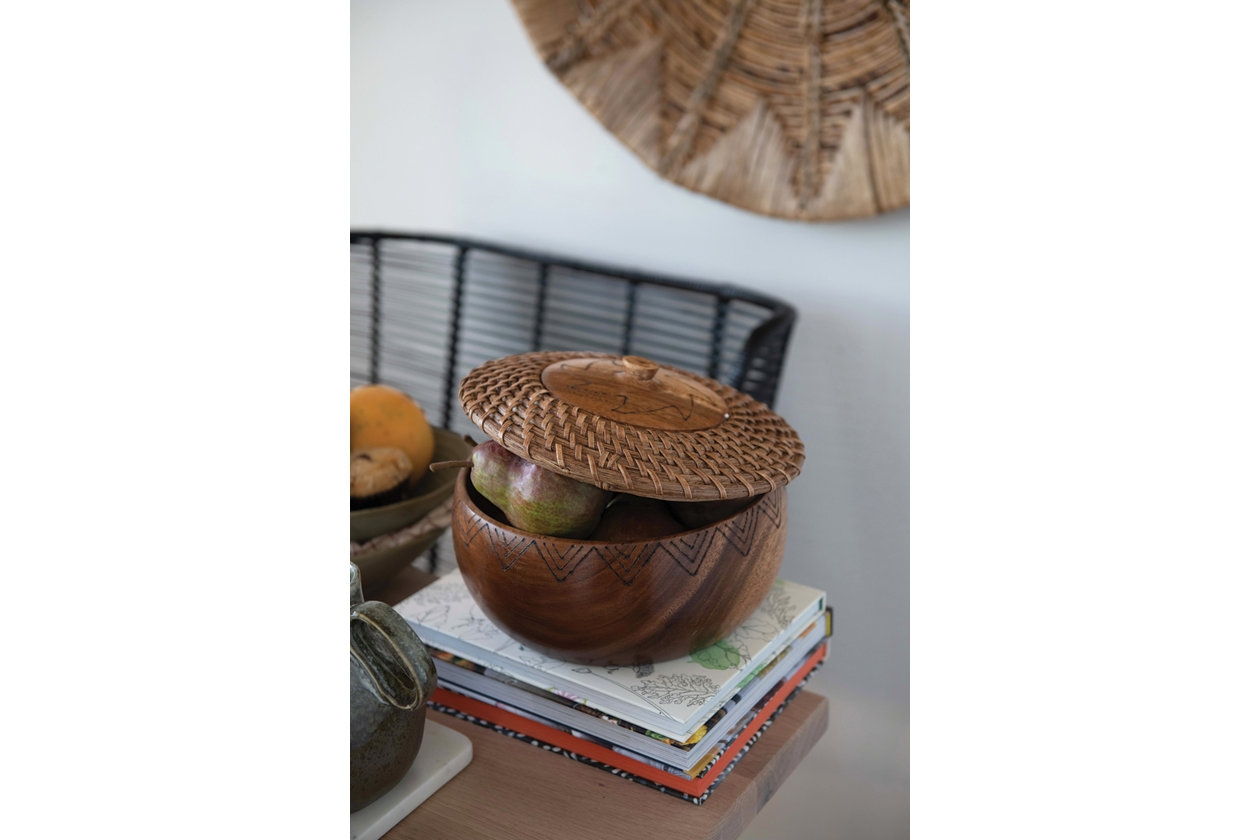 Round Woven Rattan & Acacia Wood Container with Lid & Burned Design, 9.5" - Image 7