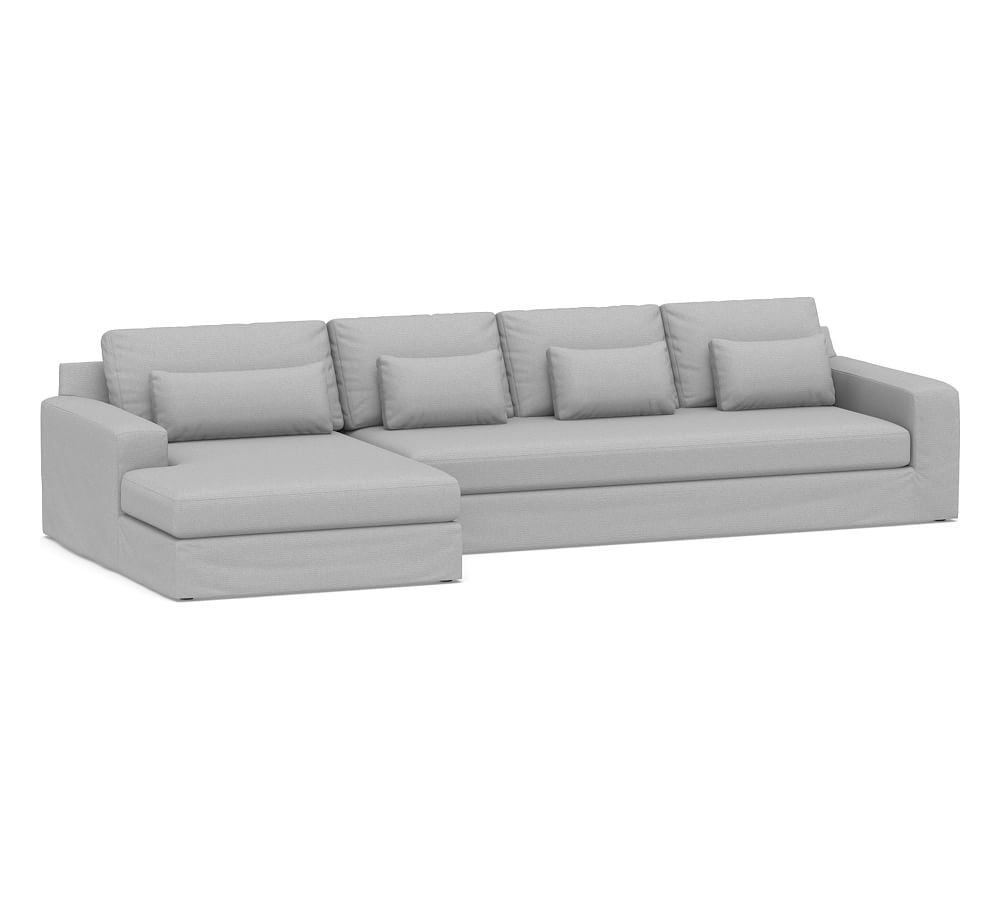 Big Sur Square Arm Slipcovered Deep Seat Right Arm Grand Sofa with Wide Chaise Sectional and Bench Cushion, Down Blend Wrapped Cushions, Brushed Crossweave Light Gray - Image 0