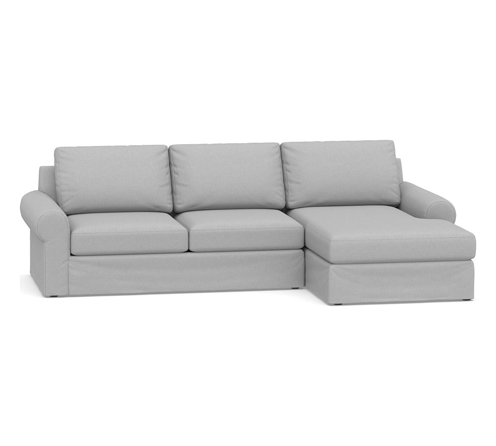 Big Sur Roll Arm Slipcovered Left Arm Loveseat with Chaise Sectional, Down Blend Wrapped Cushions, Brushed Crossweave Light Gray - Image 0