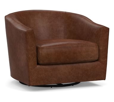 Harlow Leather Swivel Armchair without Nailheads, Polyester Wrapped Cushions, Churchfield Camel - Image 1