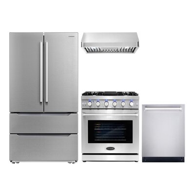 4 Piece Kitchen Package With 30" Freestanding Gas Range 30" Under Cabinet Range Hood 24" Built-in Fully Integrated Dishwasher & Energy Star French Door Refrigerator - Image 0