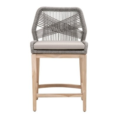 Counter Stool With Wooden Legs And Rope Back, Brown And Gray - Image 0