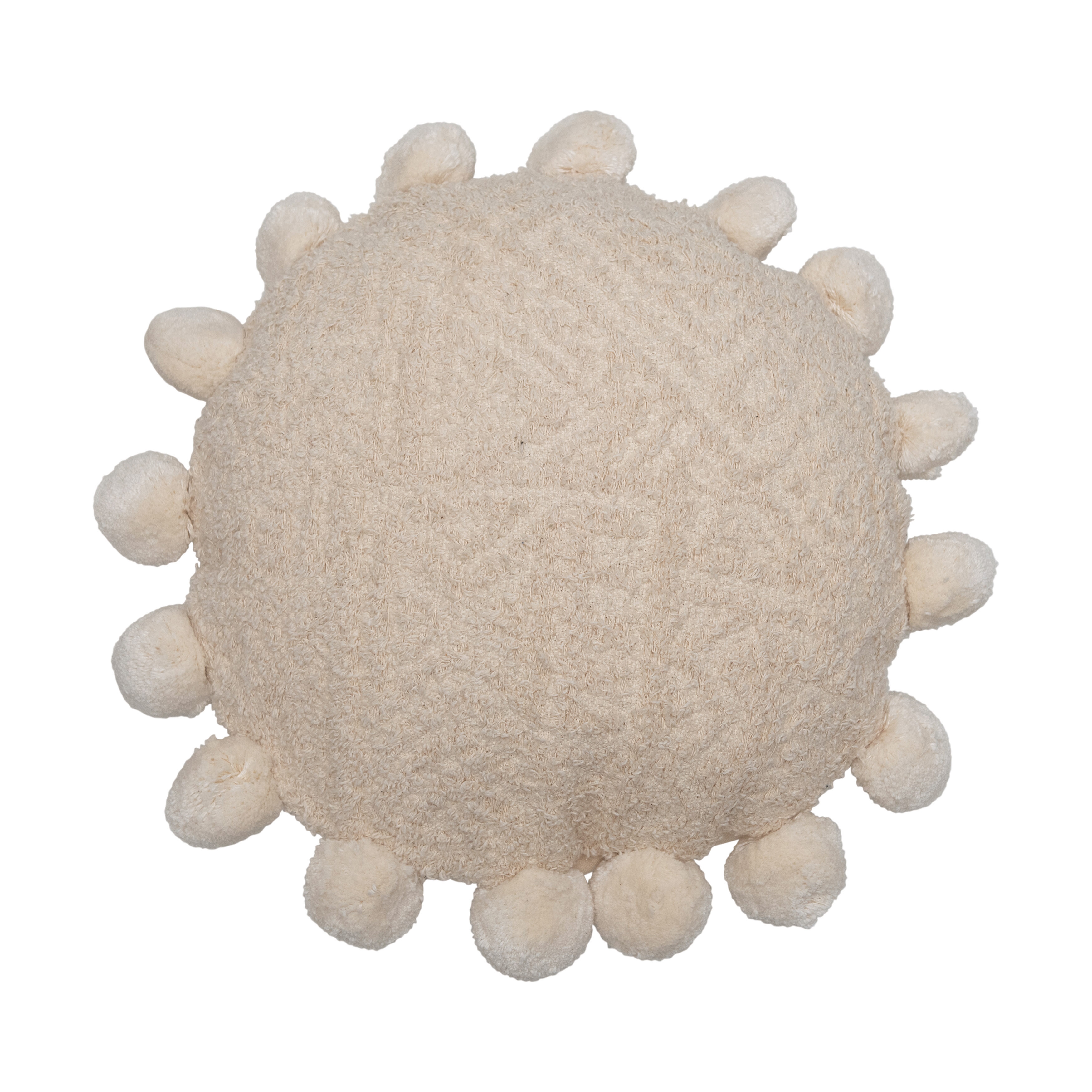 16" Round woven Cotton Pillow with Pom Poms - Image 0