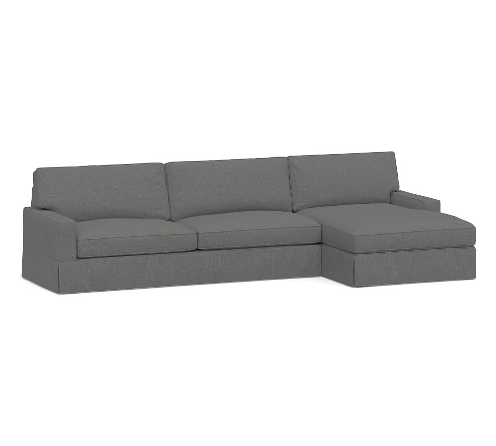 PB Comfort Square Arm Slipcovered Left Arm Sofa with Wide Chaise Sectional, Box Edge, Down Blend Wrapped Cushions, Performance Brushed Basketweave Slate - Image 0