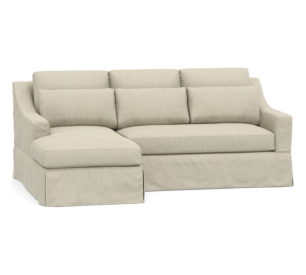 York Slope Arm Slipcovered Deep Seat Right Arm Loveseat with Chaise Sectional, Bench Cushion, Down Blend Wrapped Cushions, Chenille Basketweave Oatmeal - Image 0