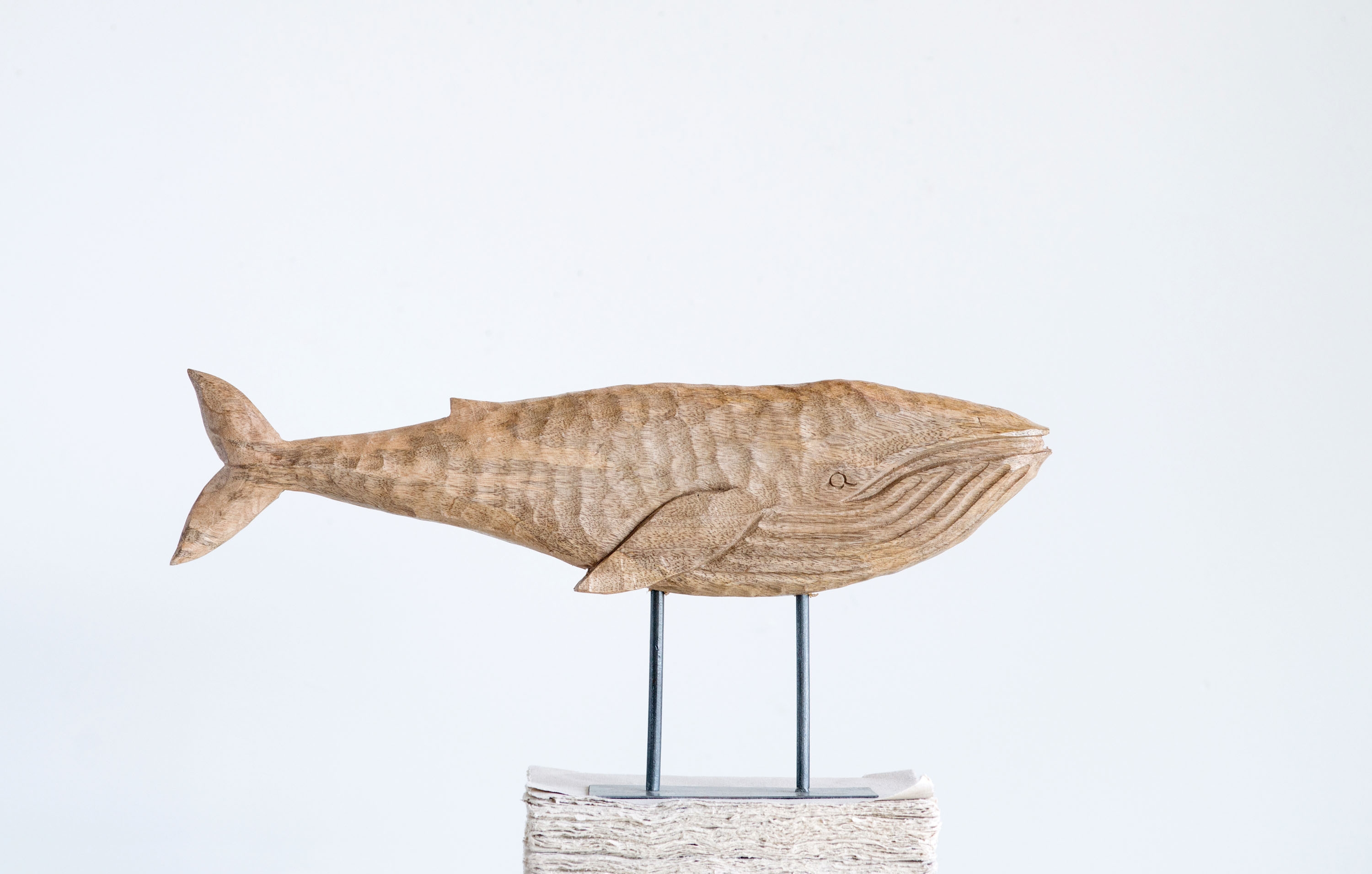 Hand-Carved Mango Wood Whale on Metal Stand - Image 0