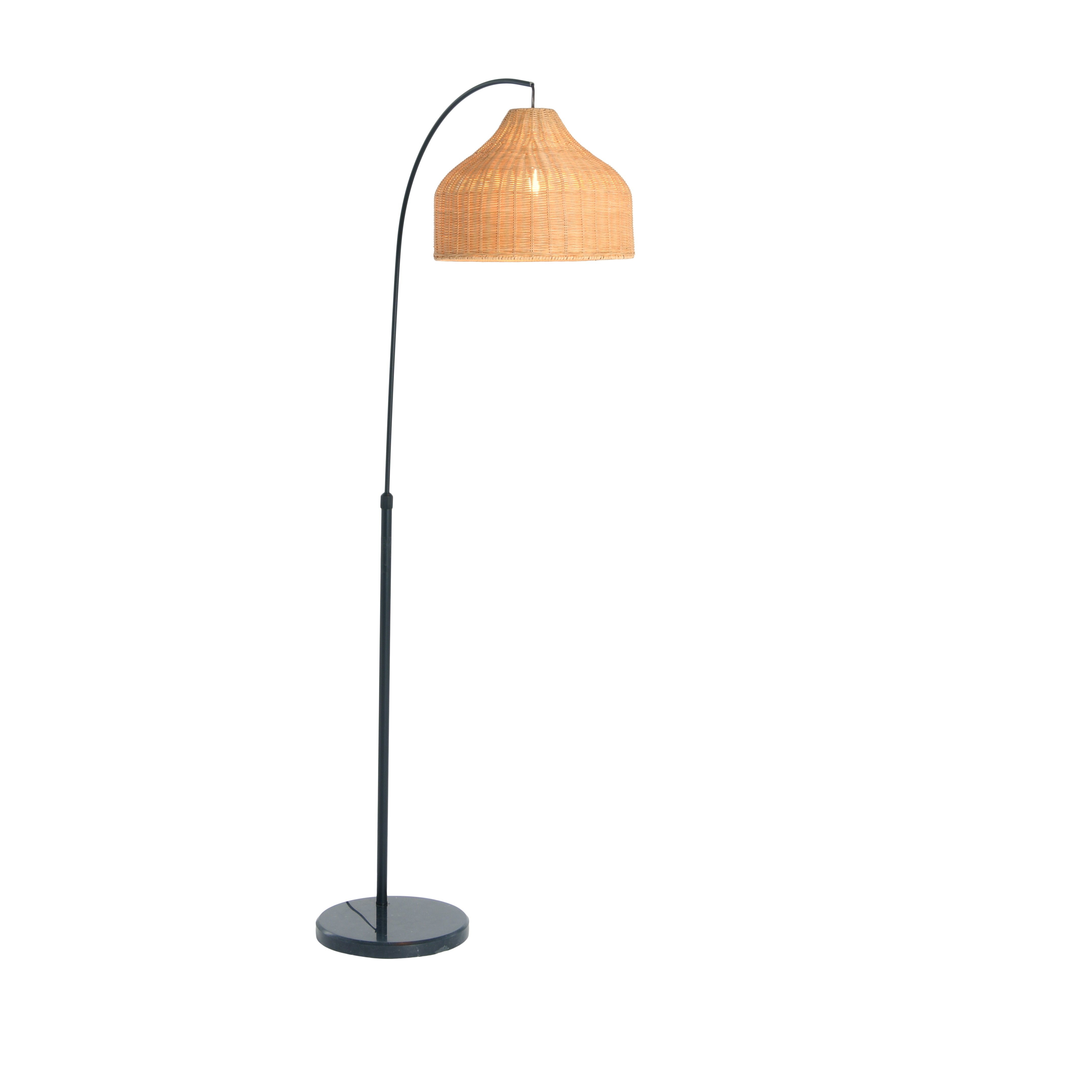 Modern Boho Floor Lamp with Marble Base and Rattan Shade, Black and Natural - Image 0