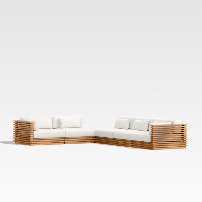 Batten Natural Teak 6-Piece L-Shaped Outdoor Sectional Sofa with Corner Coffee Table & Canvas Sunbrella ® Cushions - Image 0