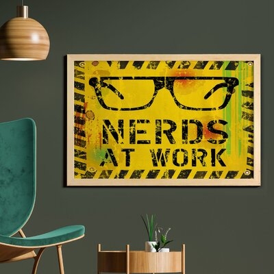 Ambesonne Retro Wall Art With Frame, Nerds At Work Grunge Fictional Sign Glasses Hazard Stripes Work Hard Theme, Printed Fabric Poster For Bathroom Living Room Dorms, 35" X 23", Yellow Black Green - Image 0