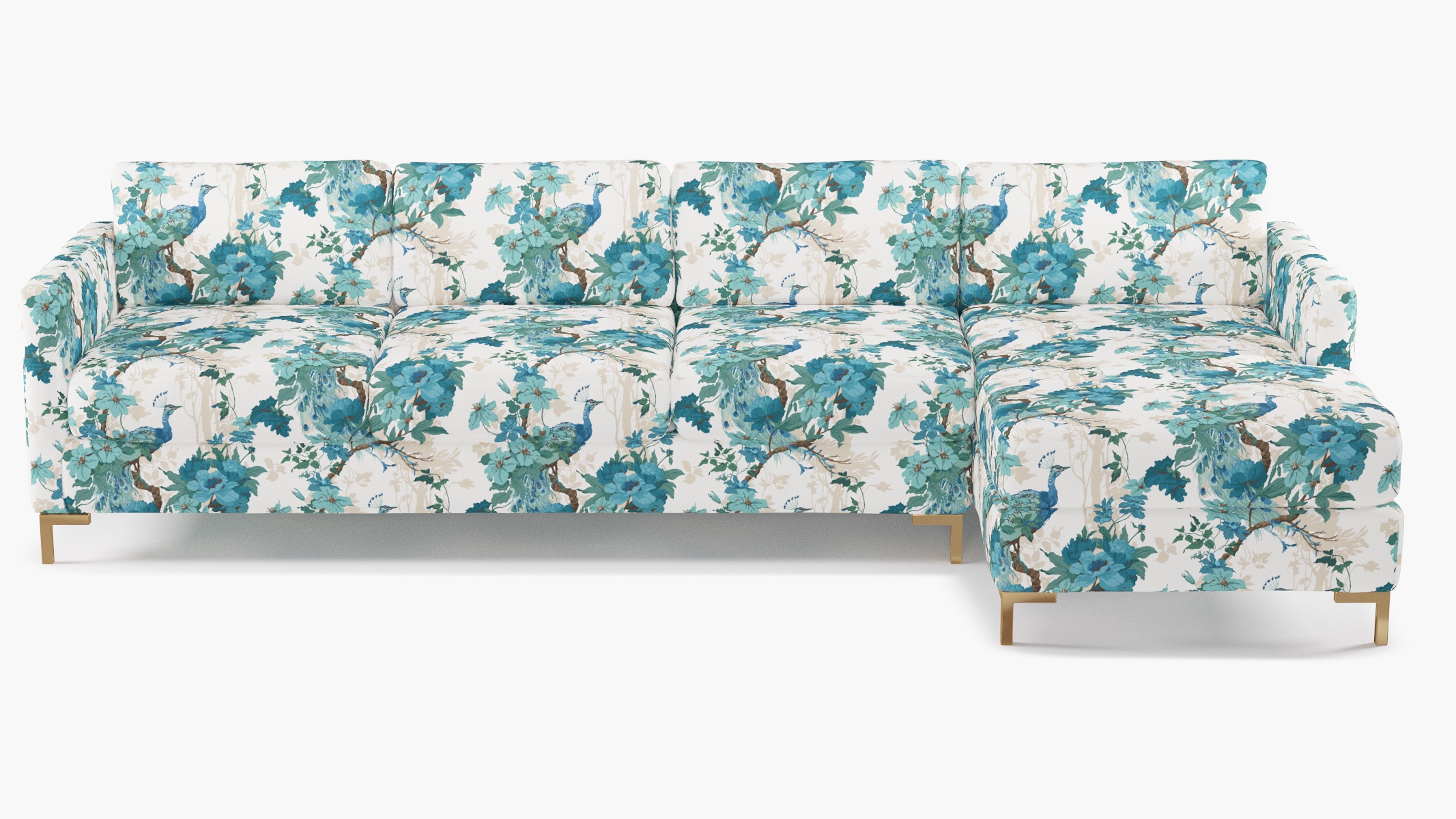 Modern Sectional, Right Facing, Turquoise Peacock Park, Brass L Leg - Image 0