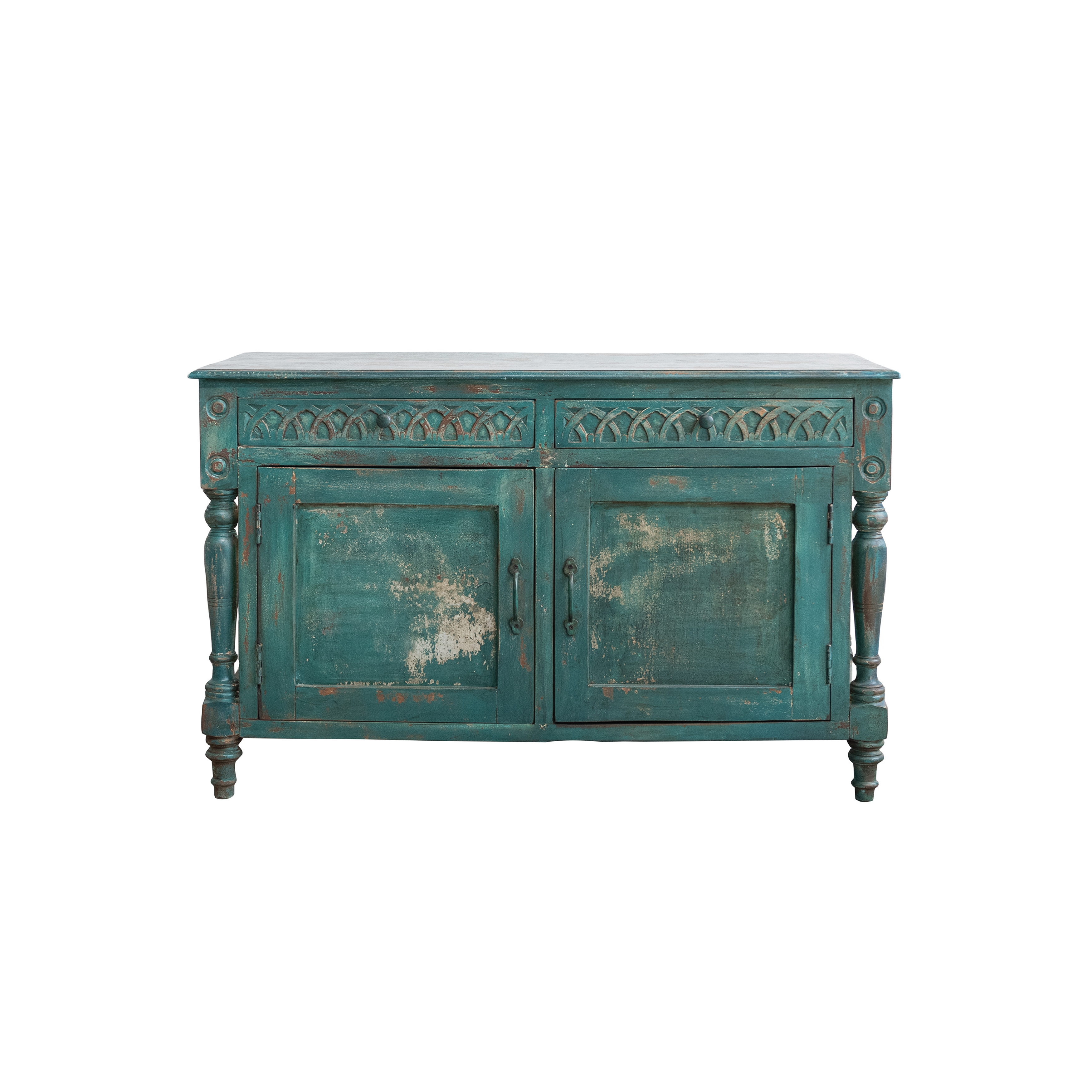 Distressed Hand-Painted Carved Mango Wood Vintage Reproduction Cabinet, Teal - Image 0
