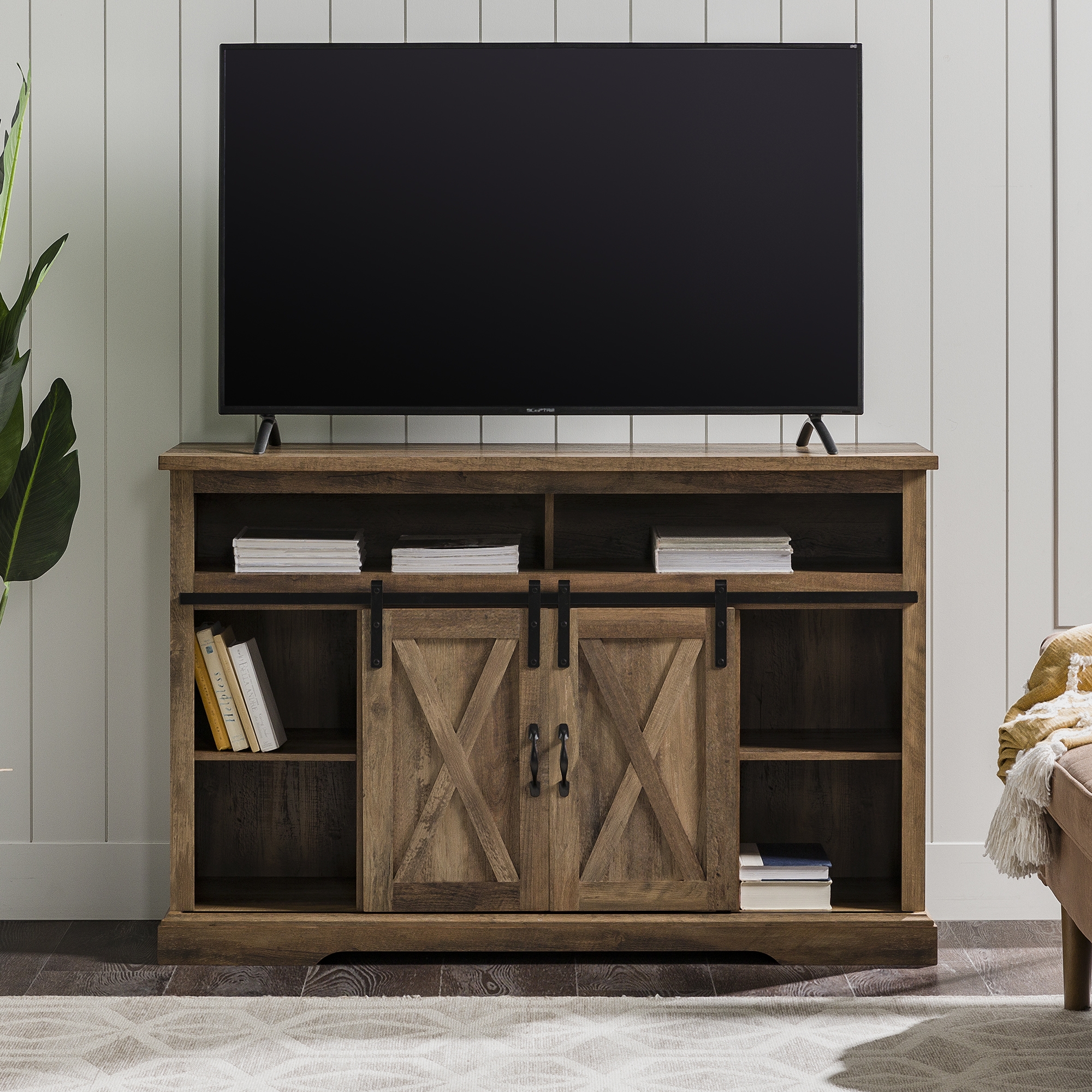 52" Sliding Barn Door Highboy Modern Farmhouse TV Stand - Rustic Oak  - Image 3