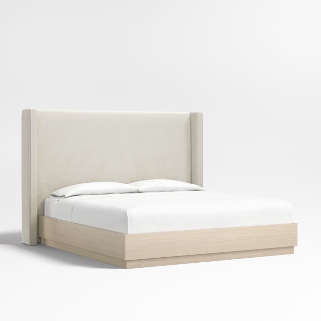 Arden 60" Beige Upholstered King Headboard with Batten White Oak Bed Base - Image 0