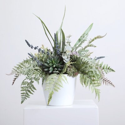Lavender Eucalyptus & Succulent Everyday Mixed Greenery Arrangement In White Ceramic Pot - Image 0
