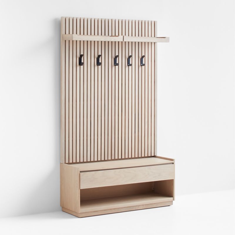Batten White Oak Storage Bench and Panel Set with Flat Shelf and Coat Rack - Image 1