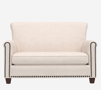 Irving Roll Arm Upholstered Settee with Nailheads, Polyester Wrapped Cushions, Performance Heathered Basketweave Alabaster White - Image 1