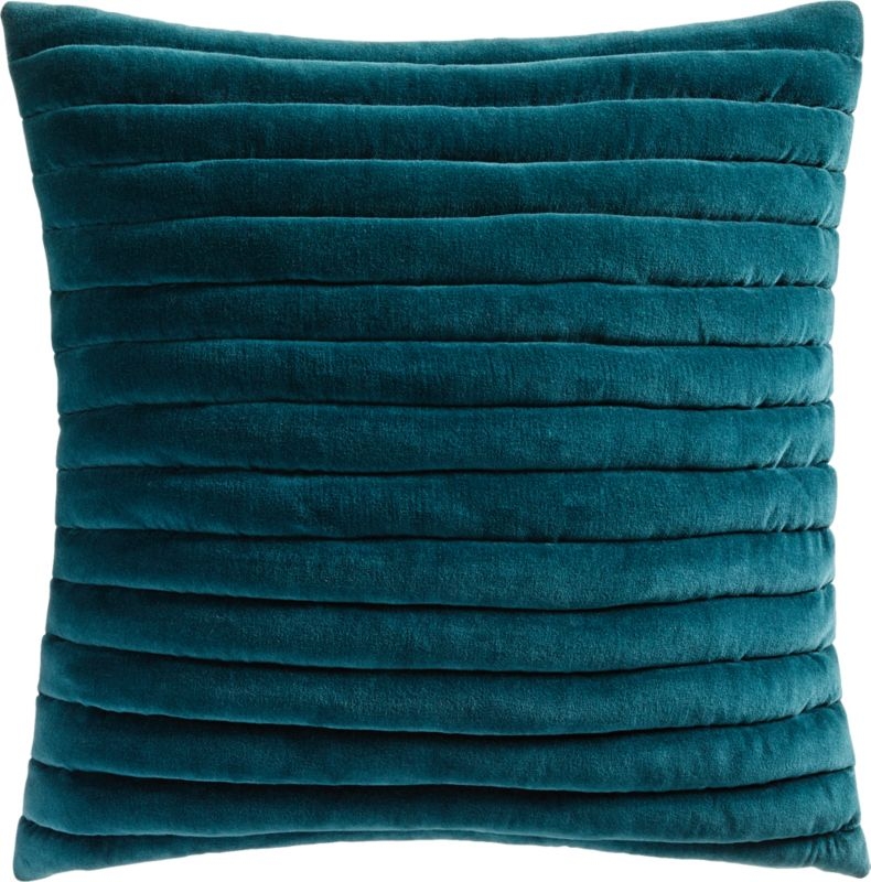 18" Channeled Teal Velvet Pillow with Feather-Down Insert - Image 2