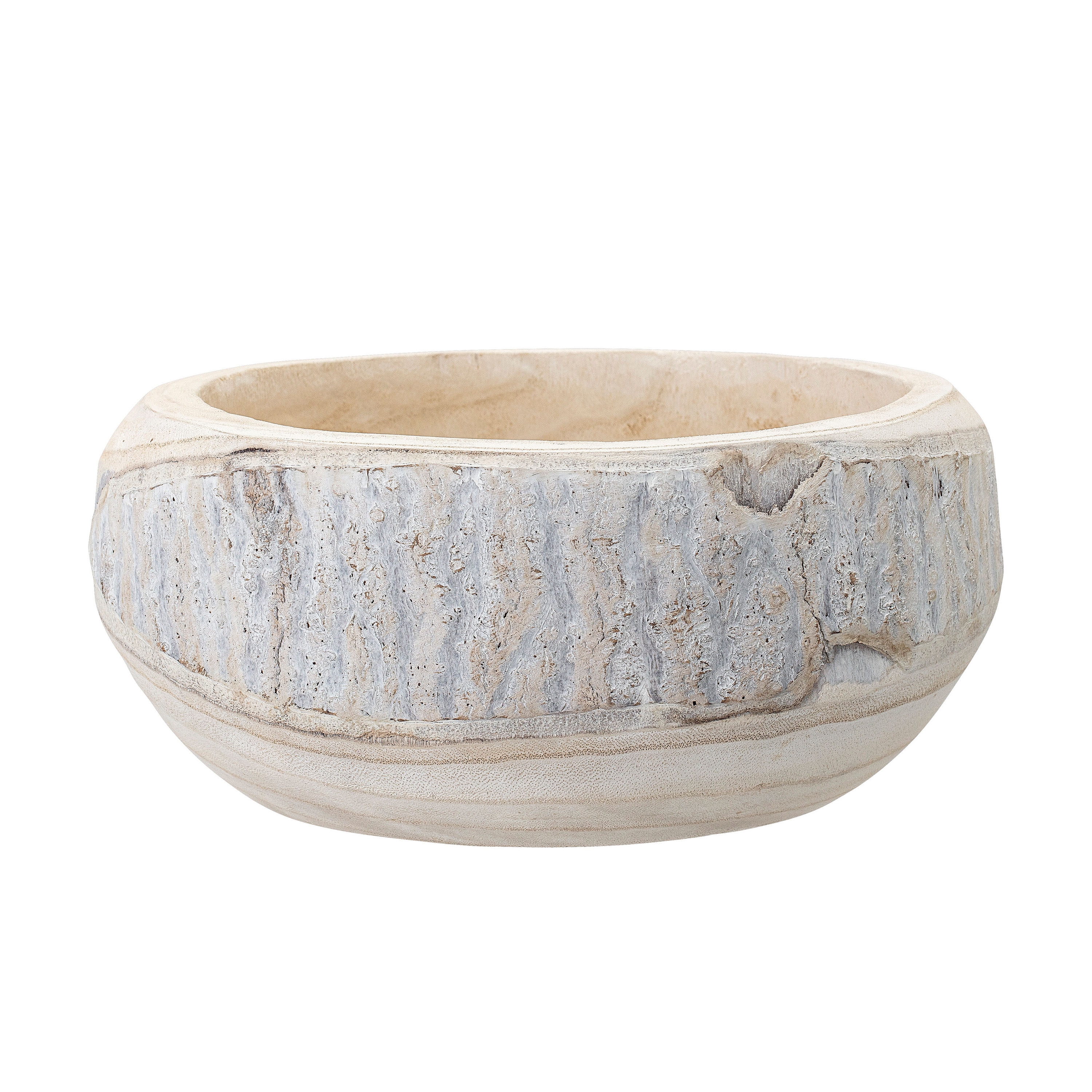 Hand-Carved Paulownia Wood Pot with Whitewashed Finish - Image 0
