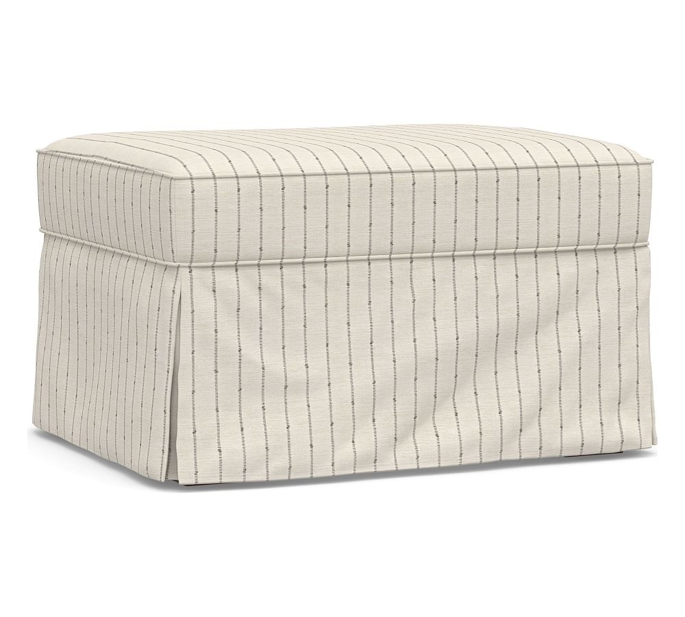 PB English Upholstered Ottoman, Polyester Wrapped Cushions, Slubby Pinstripe Oatmeal - Image 0