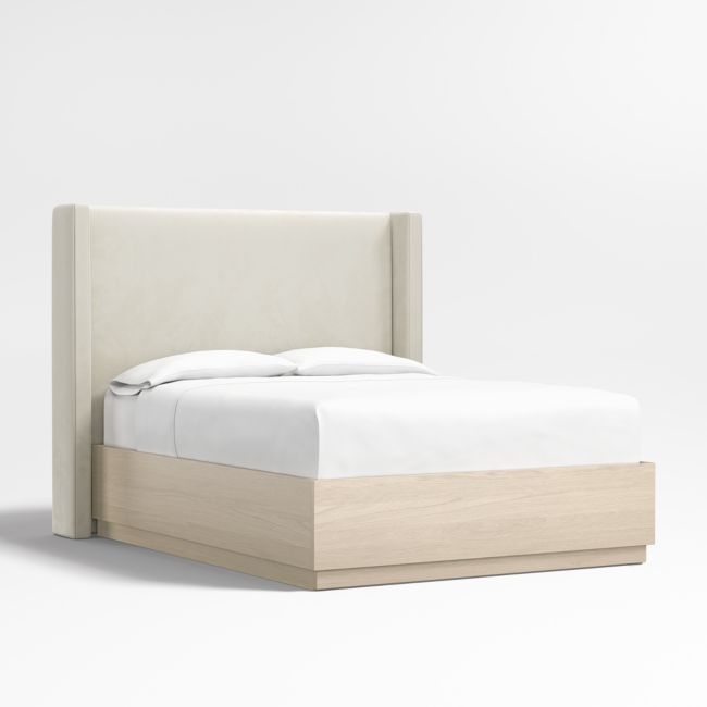 Arden 60" Beige Upholstered Queen Headboard with Batten White Oak Storage Bed Base - Image 0