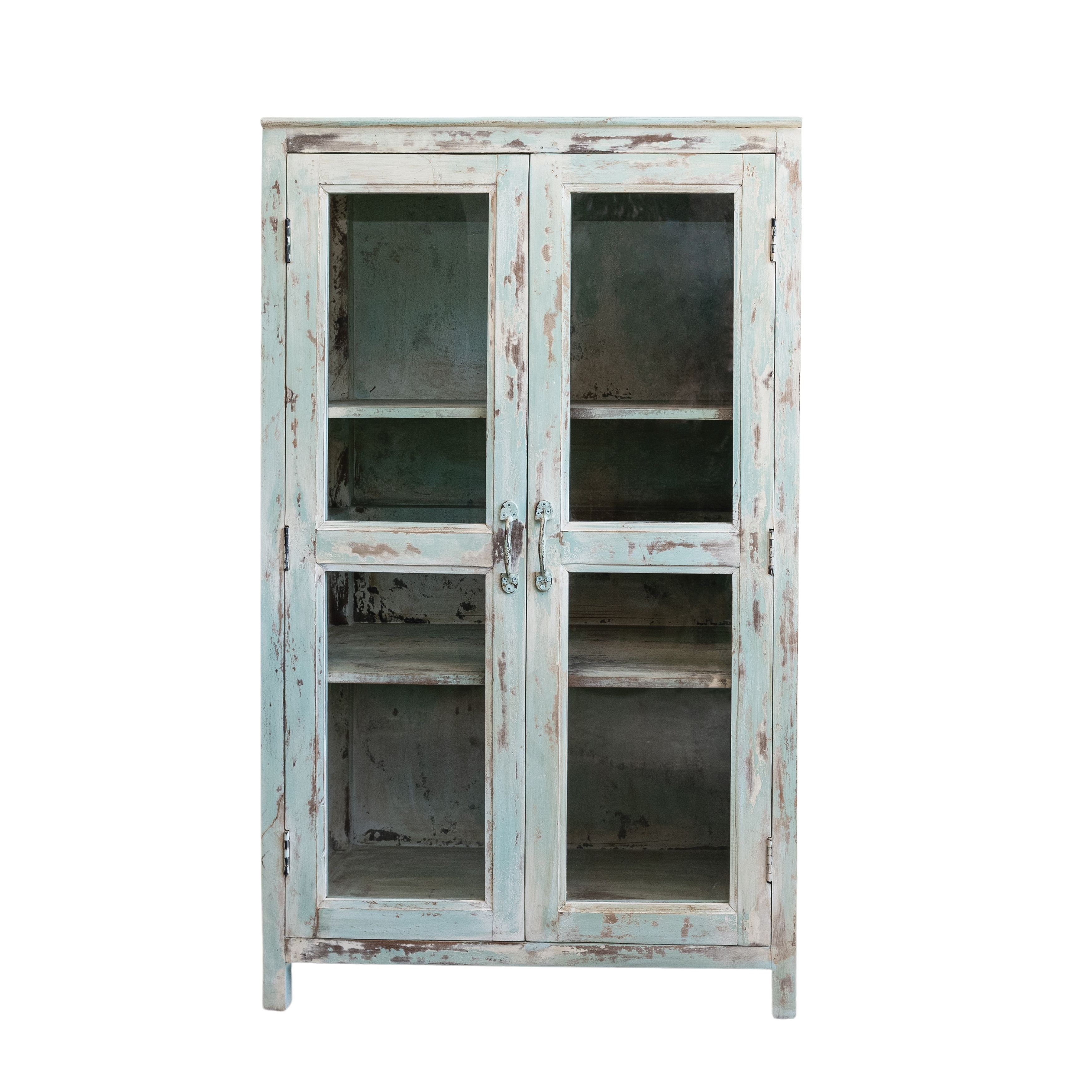 Heavily Distressed Mango Wood and Glass Vintage Reproduction Cabinet with Tin Sides, Blue - Image 0