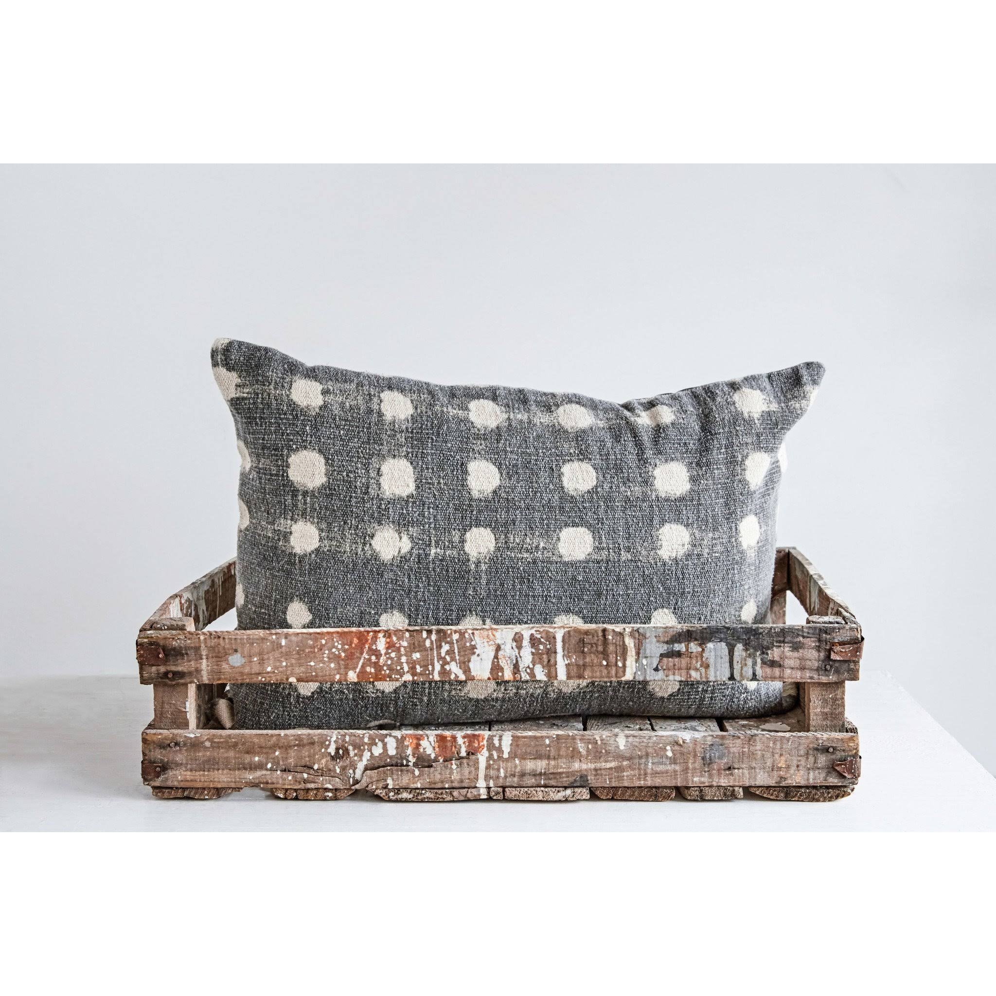 Cotton Slub Pillow with Polka Dots, Gray & Ivory, 24" x 16" - Image 1