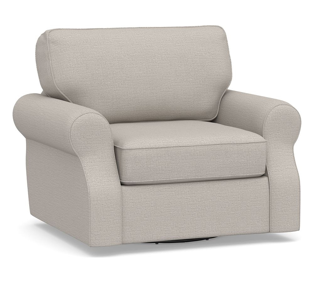 SoMa Fremont Roll Arm Upholstered Swivel Armchair, Polyester Wrapped Cushions, Chunky Basketweave Stone - Image 0