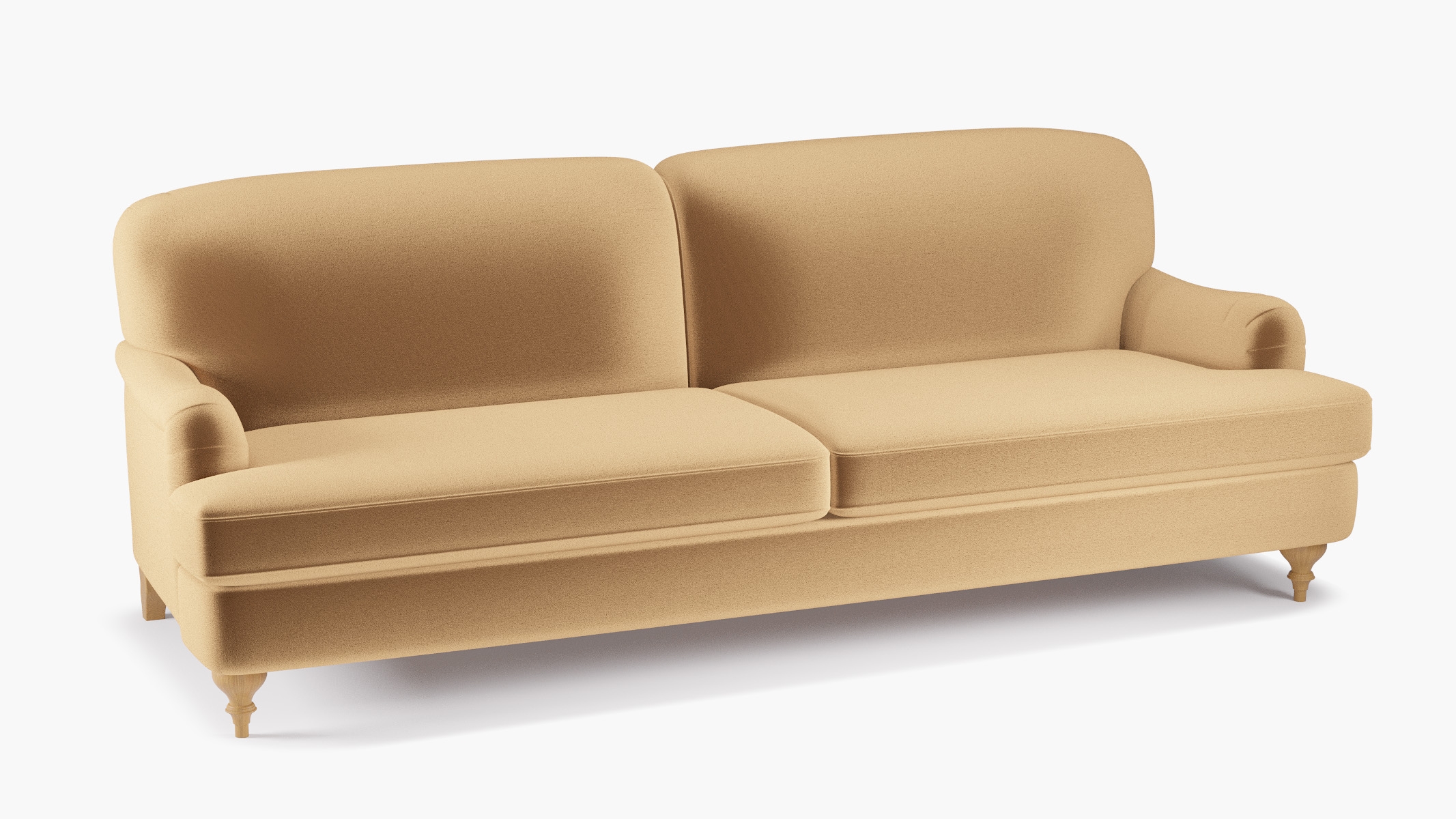 English Roll Arm Sofa, Fawn Performance Velvet, Natural Turned Wood Leg - Image 1