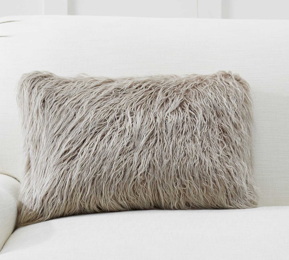 Mongolian Faux Fur Lumbar Pillow Cover, 14 x 20", Gray - Image 0